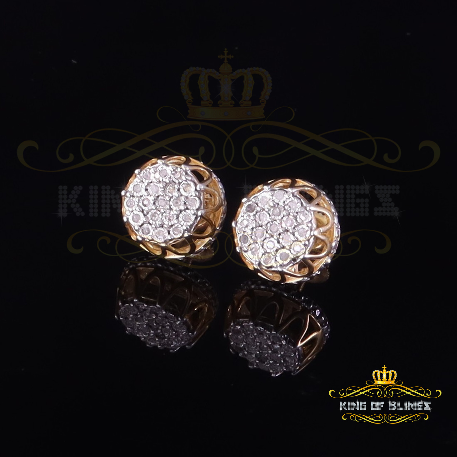 King of Bling's 0.08ct Diamond 925 Sterling Yellow Silver for Men's & Womens Stud Crown Earrings