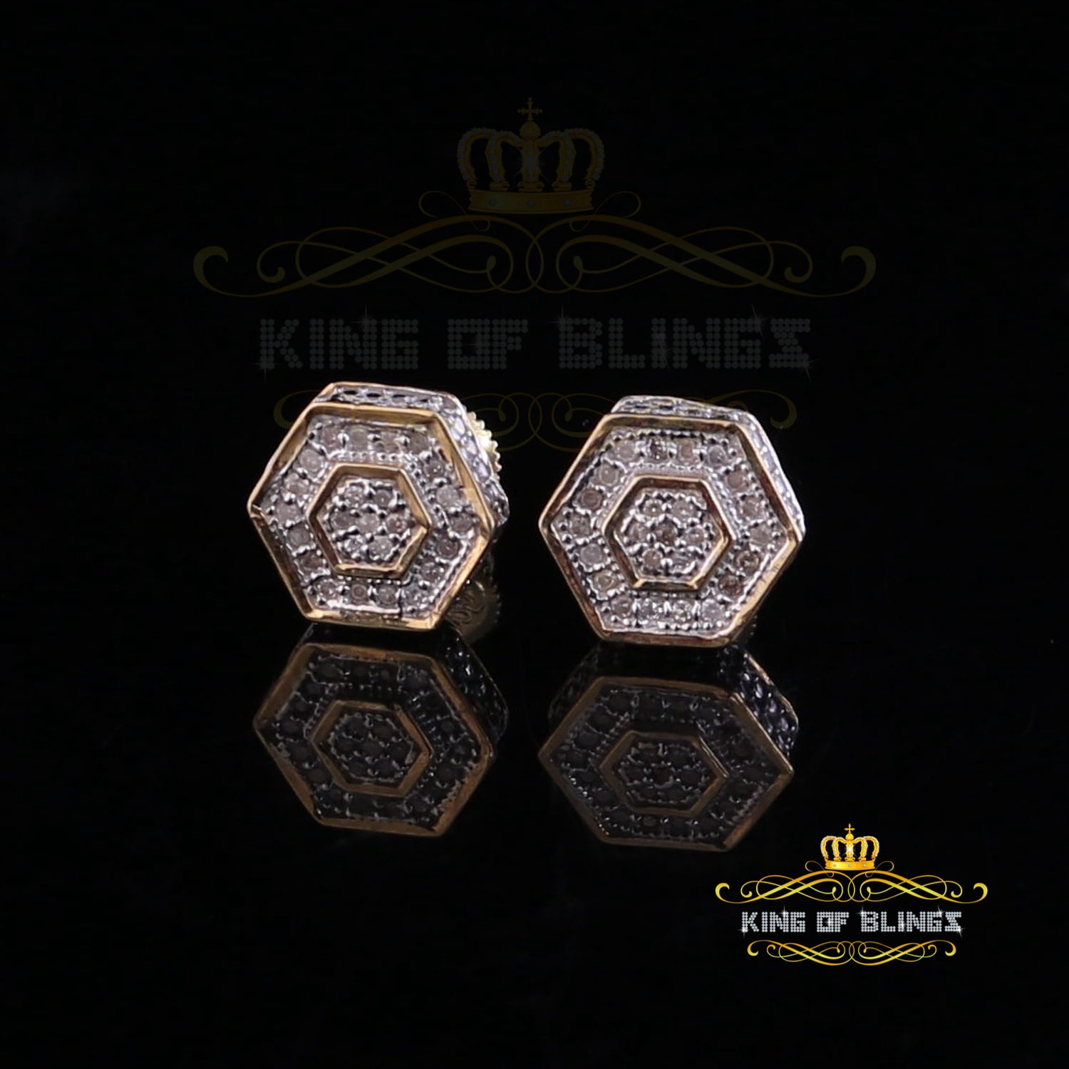 King of Bling's 0.10ct Diamond 925 Sterling Silver Hip Hop Yellow Stud Earring For Men / Women
