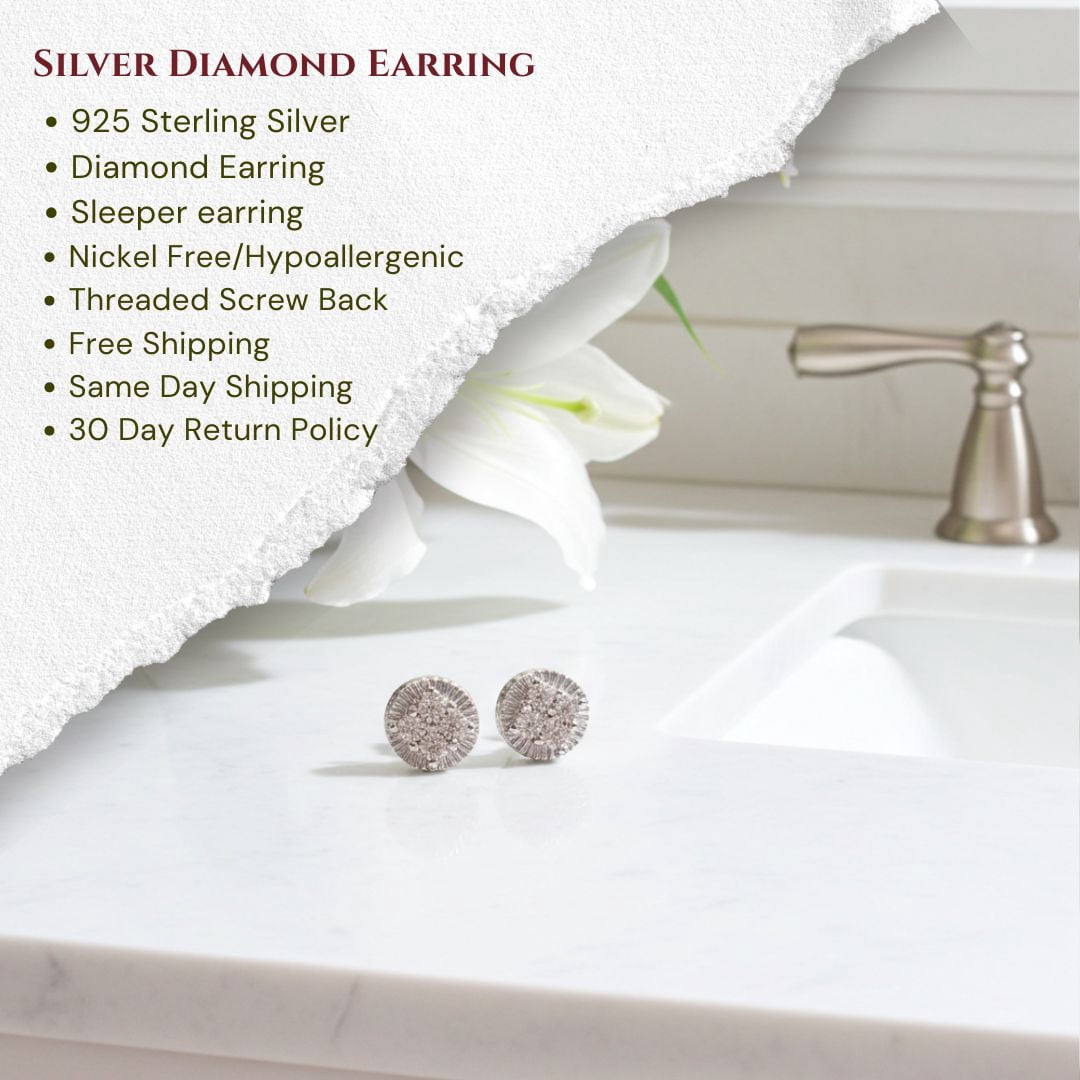 King of Bling's 0.10ct Diamond 925 Sterling Silver White For Men's & Women's Stud Round Earring