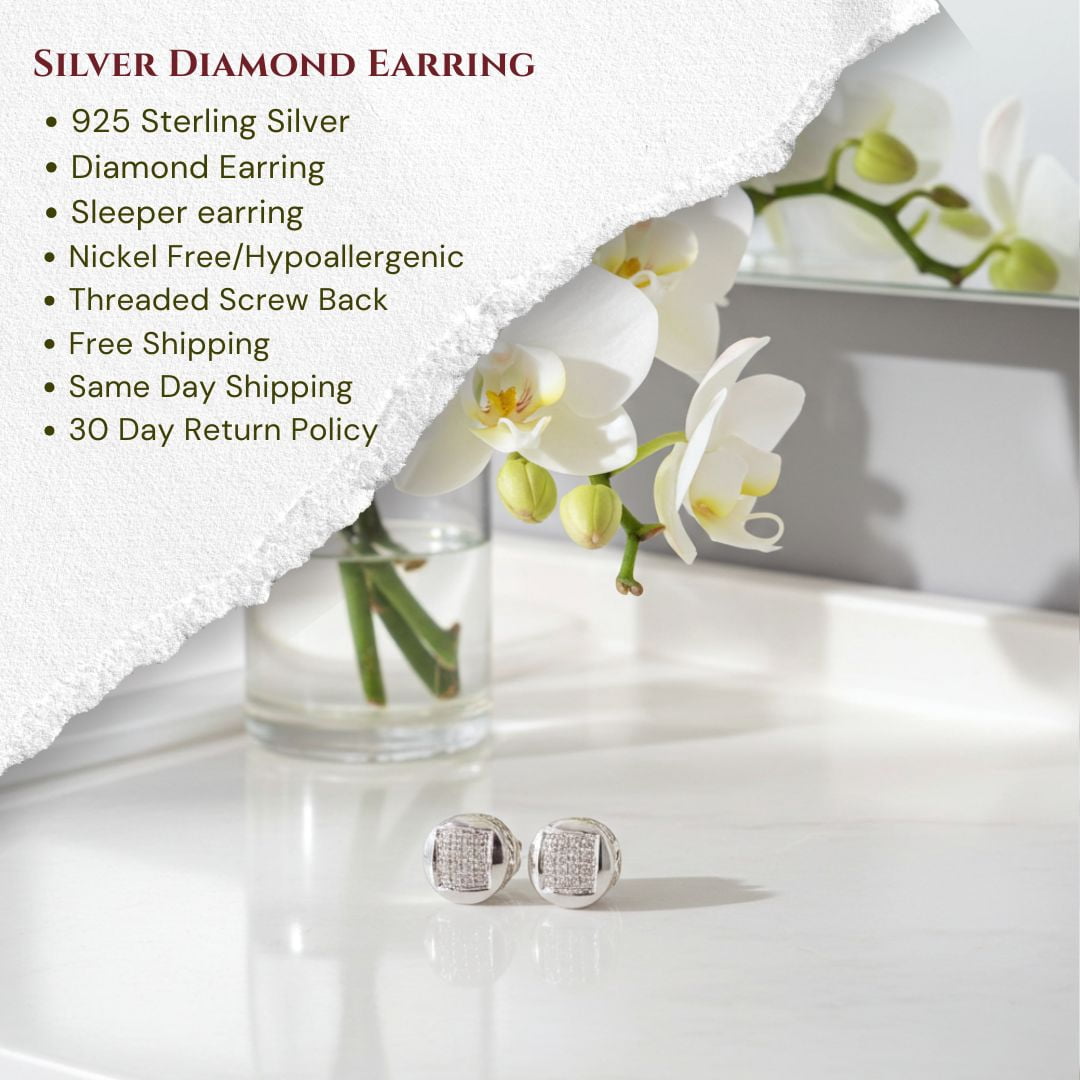 King of Bling's 0.10ct Diamond 925 Sterling Silver White For Women's & Men's Round Stud Earring