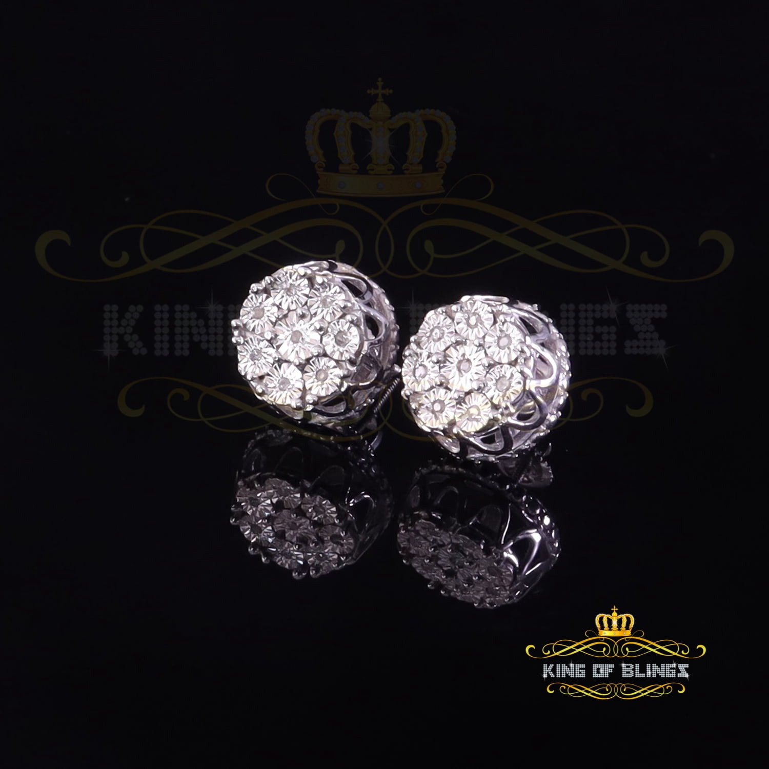 King of Bling's 0.10ct Diamond 925 Sterling White Silver For Men's & Womens Stud Round Earrings