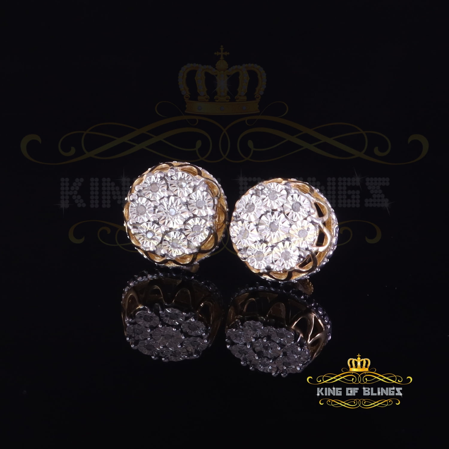 King of Bling's 0.10ct Diamond 925 Sterling Yellow Silver For Men's & Womens Stud Round Earrings