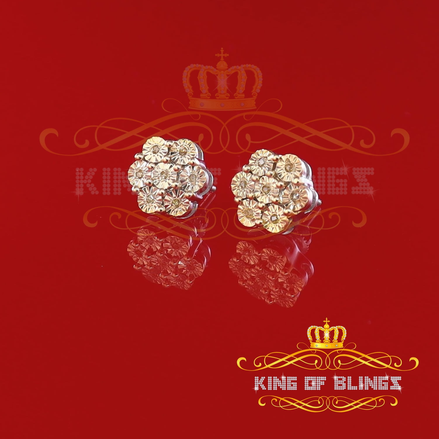 King of Bling's 0.10ct Diamond Floral Stud Earrings For Women & Men White 925 Sterling Silver