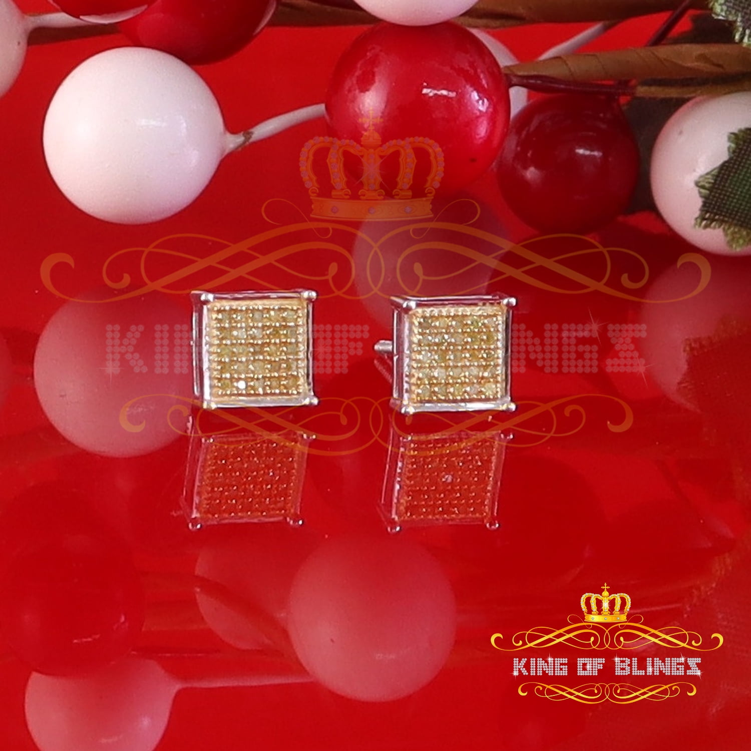 King of Bling's 0.10ct Diamond Square Stud Earrings For Women White 925 Sterling Silver For Men
