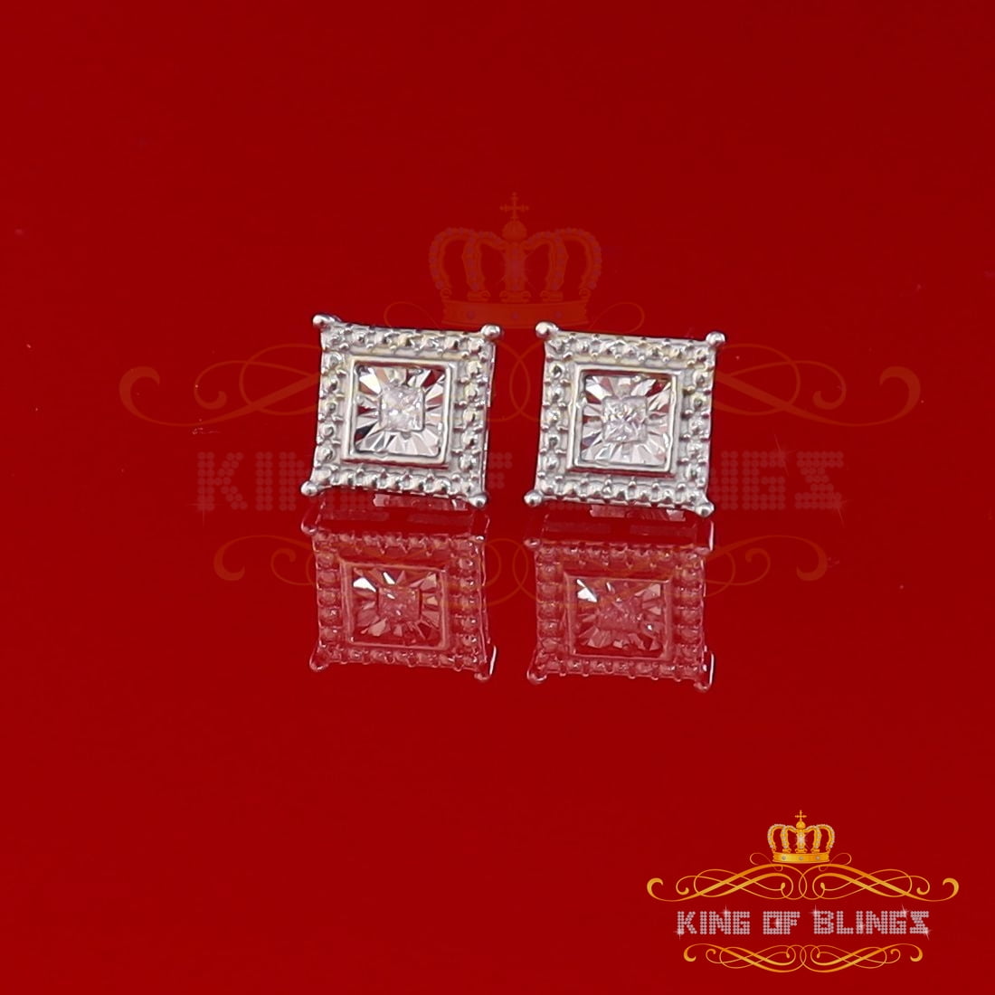 King of Bling's 0.10ct Diamond Stud Squre Earrings For Women White 925 Sterling Silver For Men