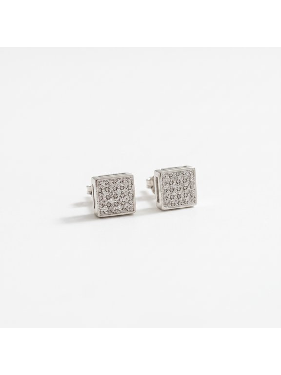King of Bling's 0.10ct Micro Pave 925 White Silver Diamond Square Earring For Men's & Women's