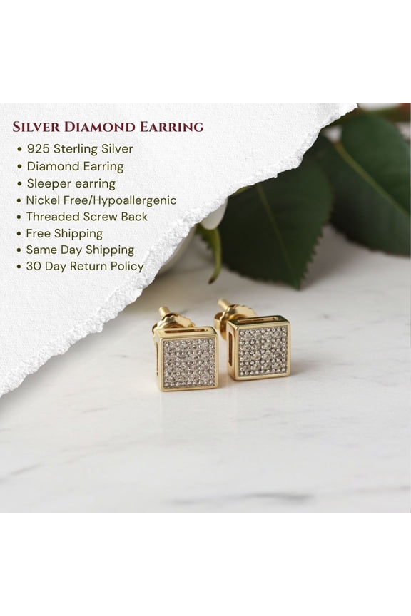 King of Bling's 0.10ct Micro Pave 925 Yellow Silver Diamond Square Earring For Men's & Women's