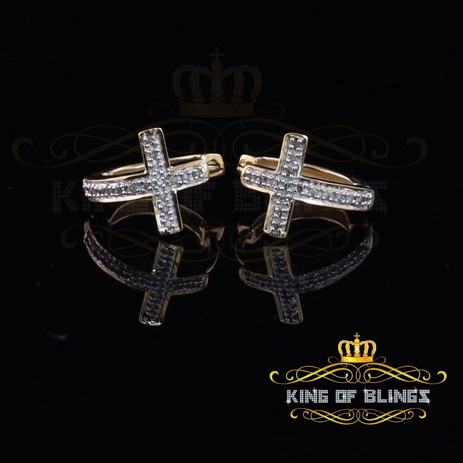 King of Bling's 0.15ct Diamond 925 Sterling Silver Yellow Hoop Stud cross Earring For Men /Women
