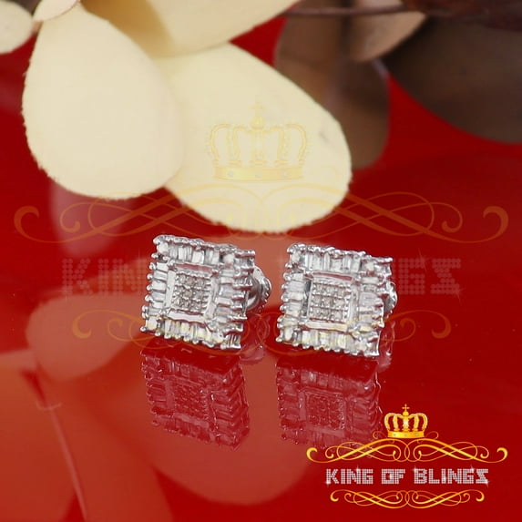 King of Bling's 0.15ct Diamond 925 White Silver Hip Hop Square Earrings For Women's & Men's