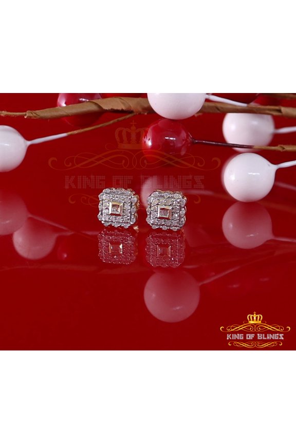 King of Bling's 0.20ct Diamond 925 Sterling Silver Yellow Stud Women / Men Square Earrings