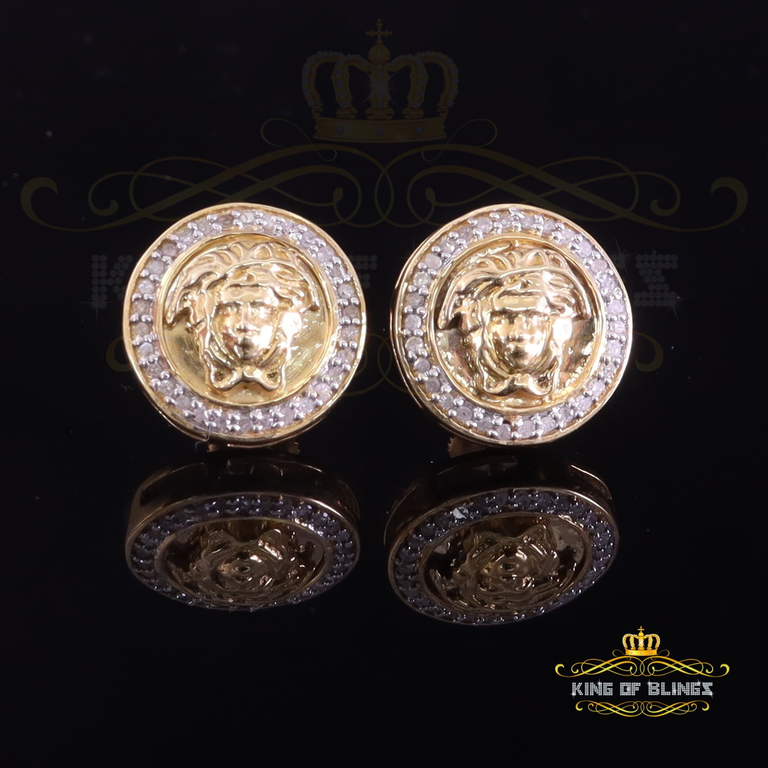 King of Bling's 0.20ct Diamond 925 Sterling Yellow Silver for Men's & Womens Stud Medusa Earring