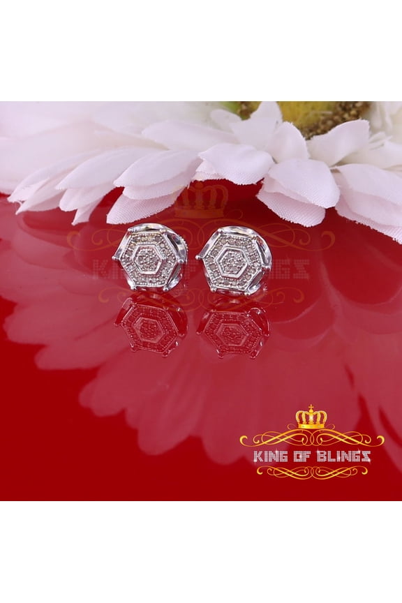 King of Bling's 0.20ct Diamond Stud Hexagon Earrings For Women White 925 Sterling Silver For Men