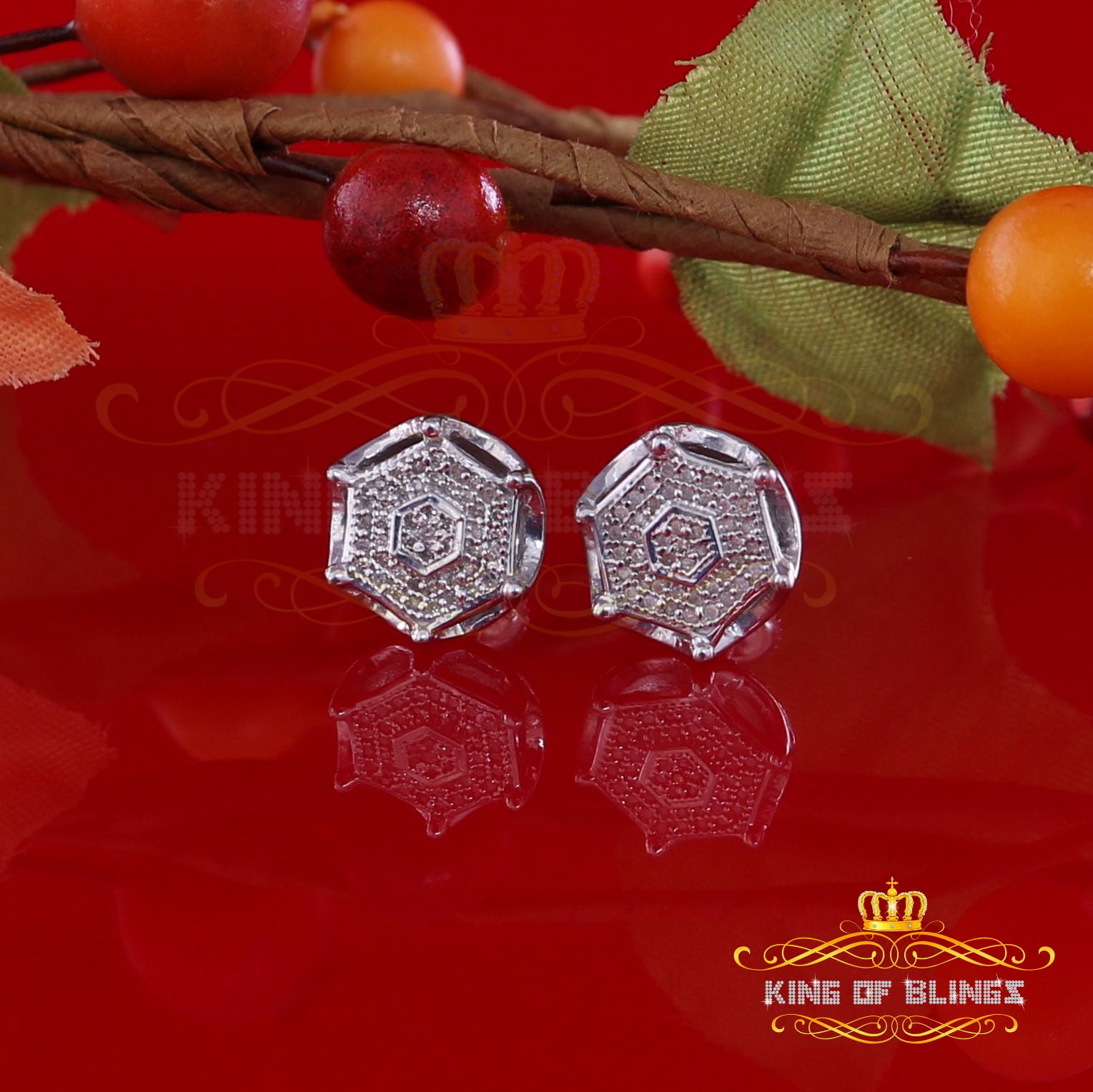 King of Bling's 0.25ct Diamond Stud Hexagon Earrings For Women White 925 Sterling Silver For Men