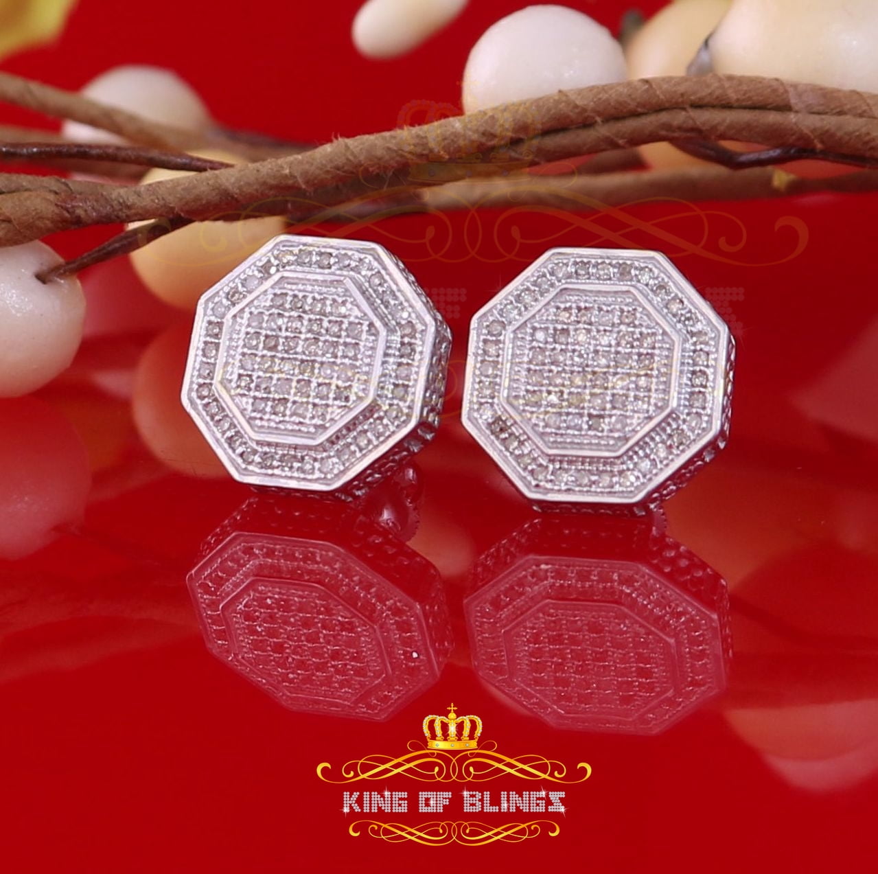 King of Bling's 0.33ct Diamond Hip Hop Women White Stud Octagon Earring In 925 Sterling Silver