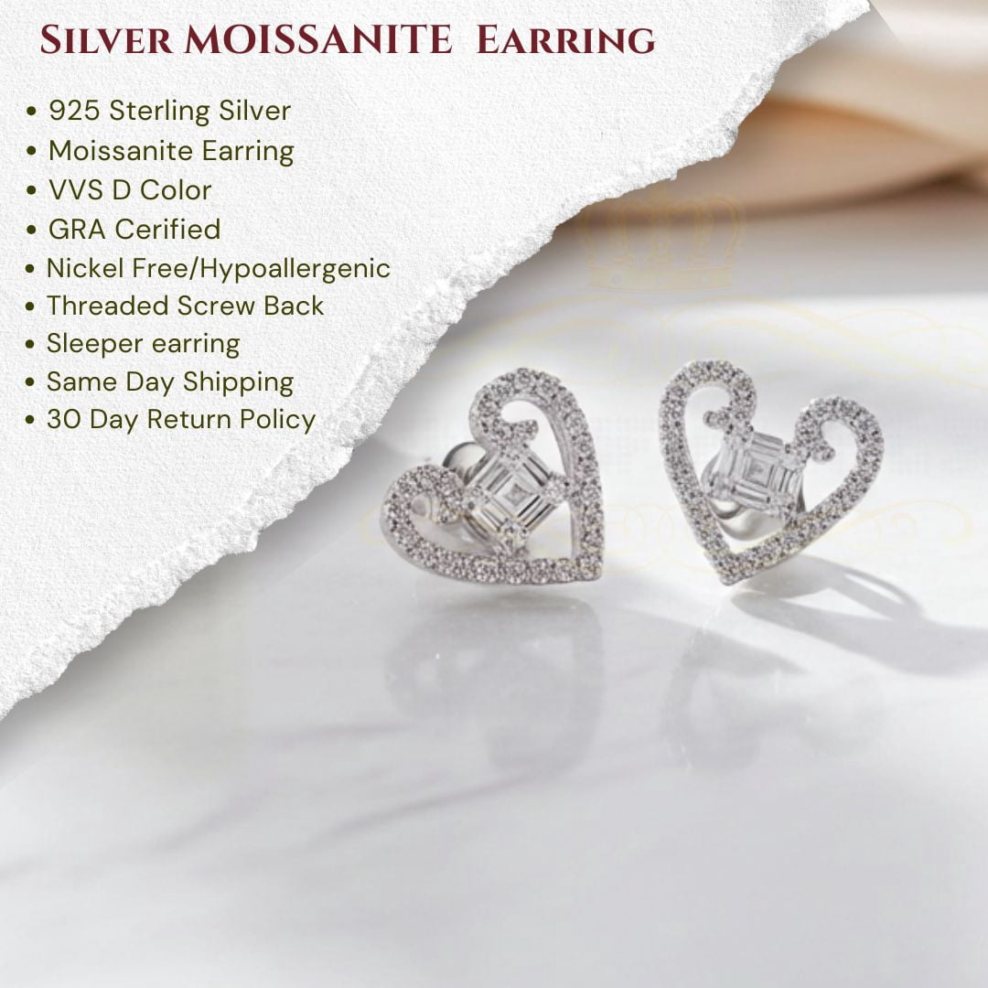 King of Bling's 0.50ct Baguette VVS D Moissanite Men/Womens 925 Silver White Heart Stud Earring