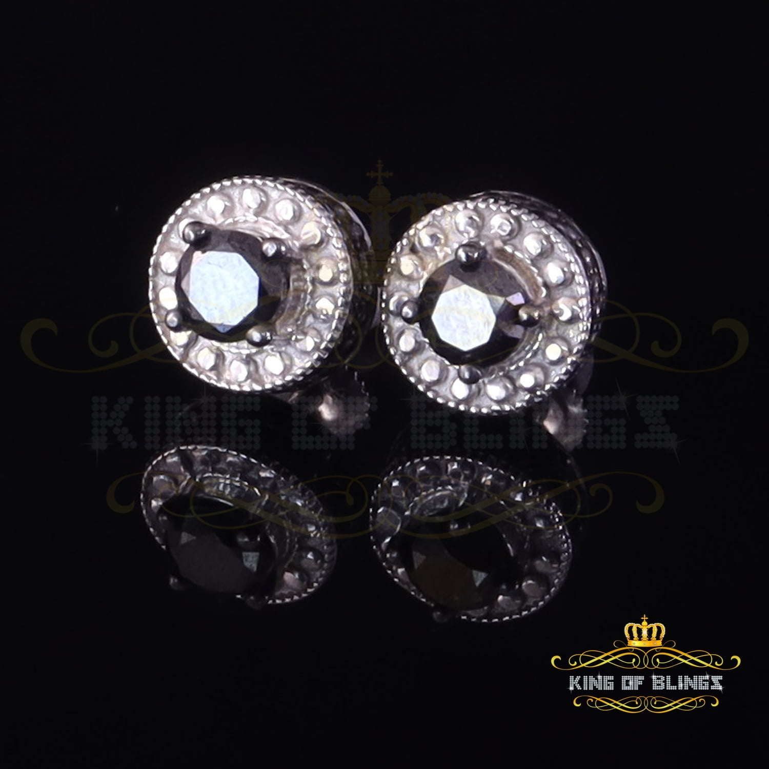 King of Bling's 0.75ct Black Diamond 925 Silver White for Men's/Womens Stud Round Halo Earrings