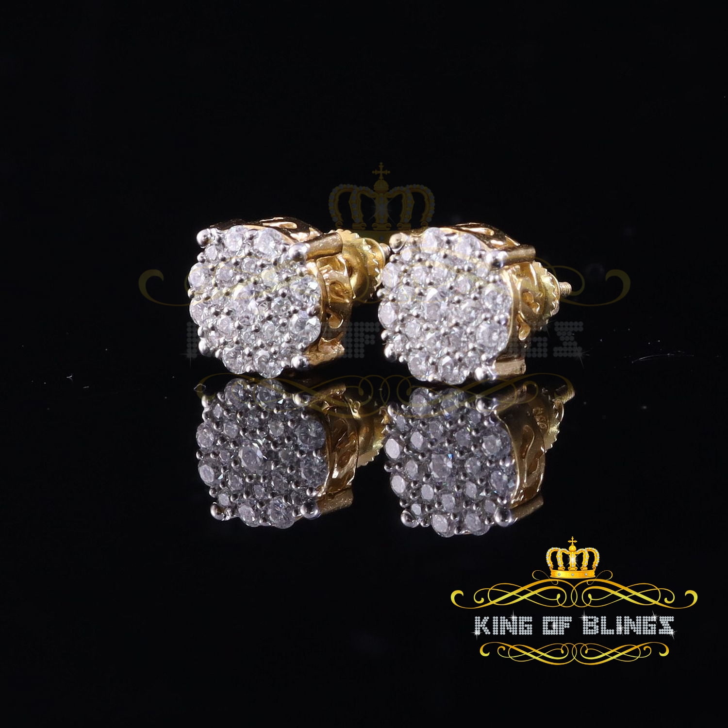 King of Bling's 1.00ct Cluster Earrings For Mens & Womens Moissanite 925 Sterling Silver Yellow