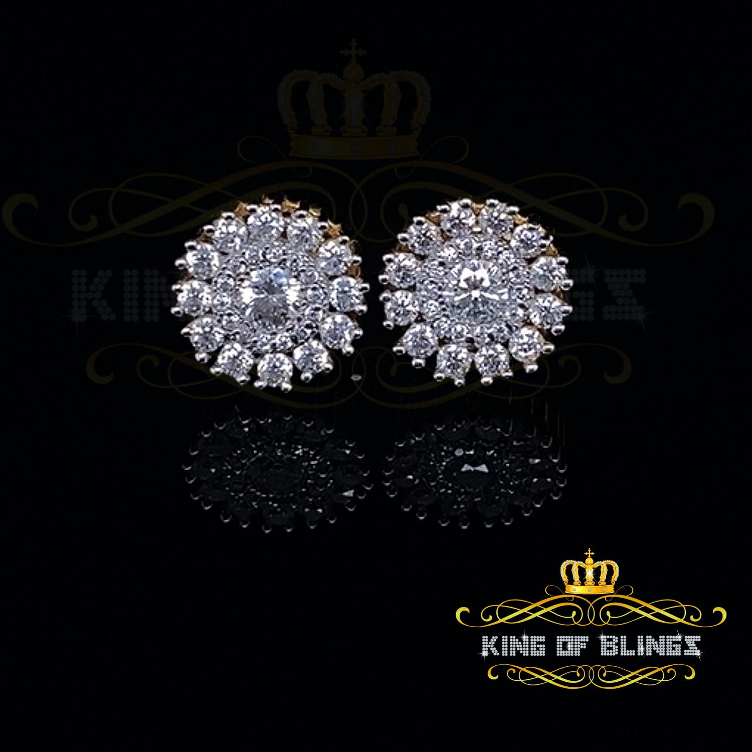 King of Bling's 1.00ct VVS 'D' Moissanite Men's/Womens 925 Silver Yellow Floral Stud Earrings