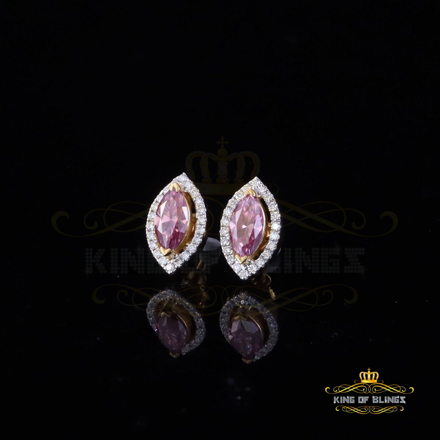 King of Bling's 1.25CT VVS 'D' Pink Moissanite Men's/Women 925 Yellow Silver Stud Earrings