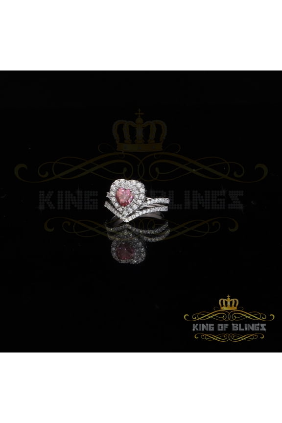 King of Bling's 1.66 CT Women's 925 Silver White VVS 'D' Pink Moissanite Heart Bridal Ring SZ 7