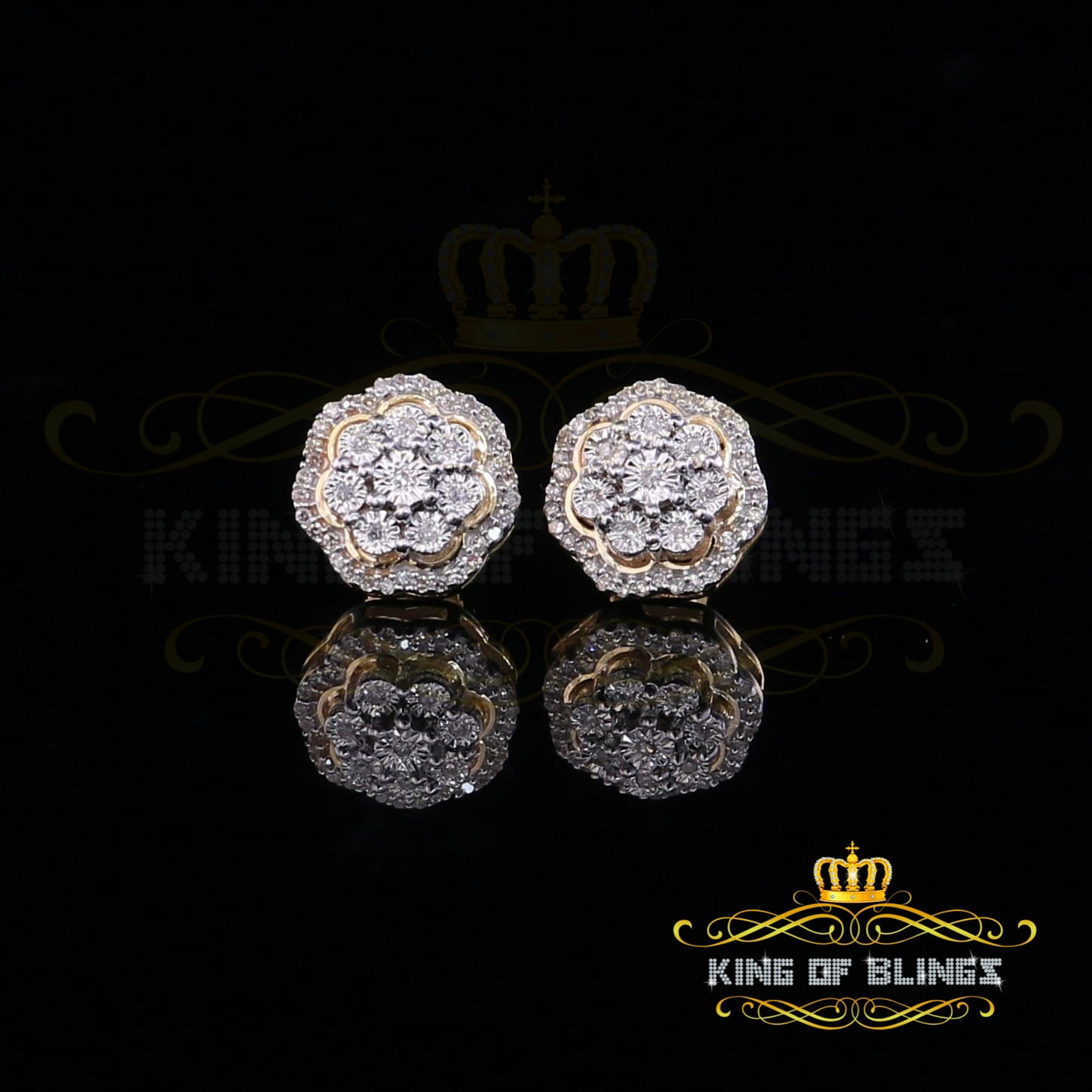 King of Bling's 10K Real Yellow Gold Real Diamond 0.25CT Men's/Women's Floral Stud Micro Earring