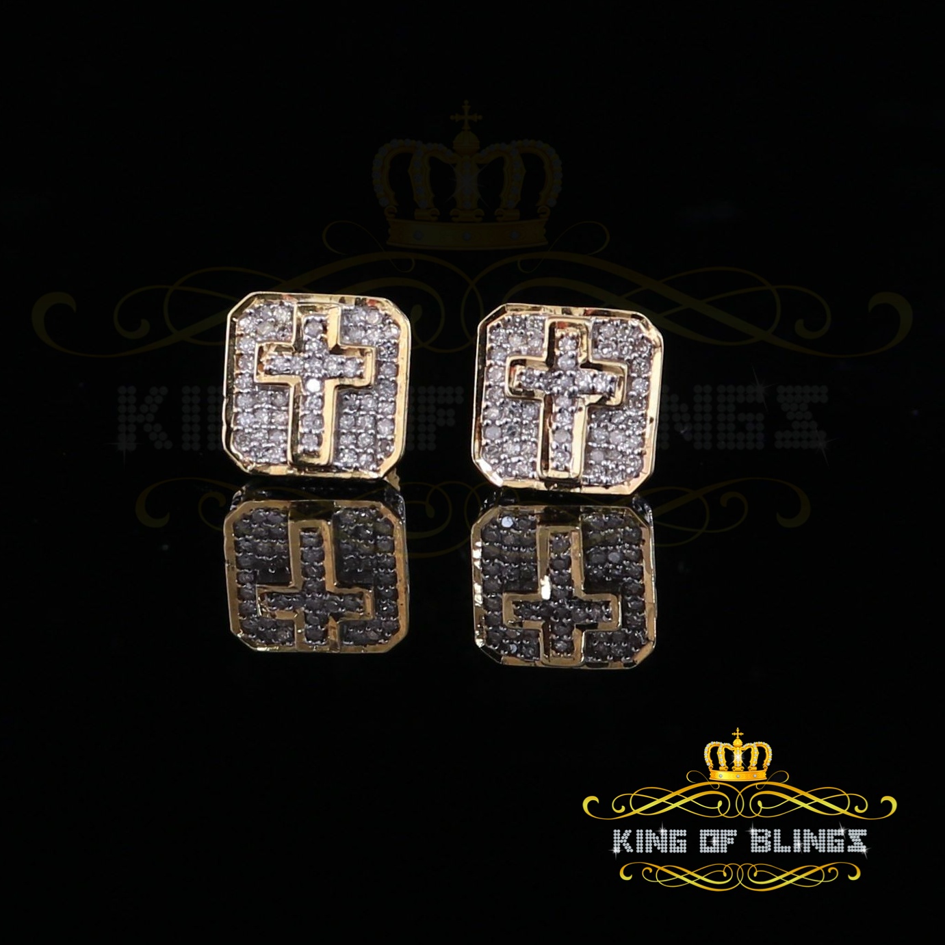 King of Bling's 10K Real Yellow Gold Real Diamond 0.25CT Men's/Women's Square Stud Micro Earring