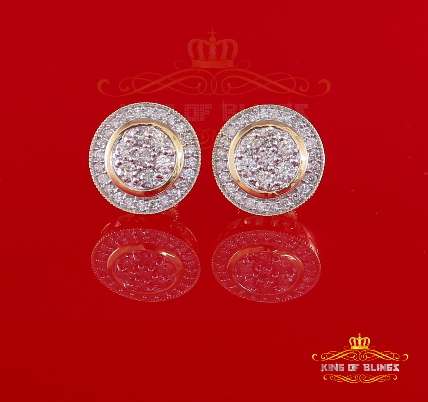 King of Bling's 10K Real Yellow Gold Real Diamond 1.66CT Men's/Women's Stud Round Earring