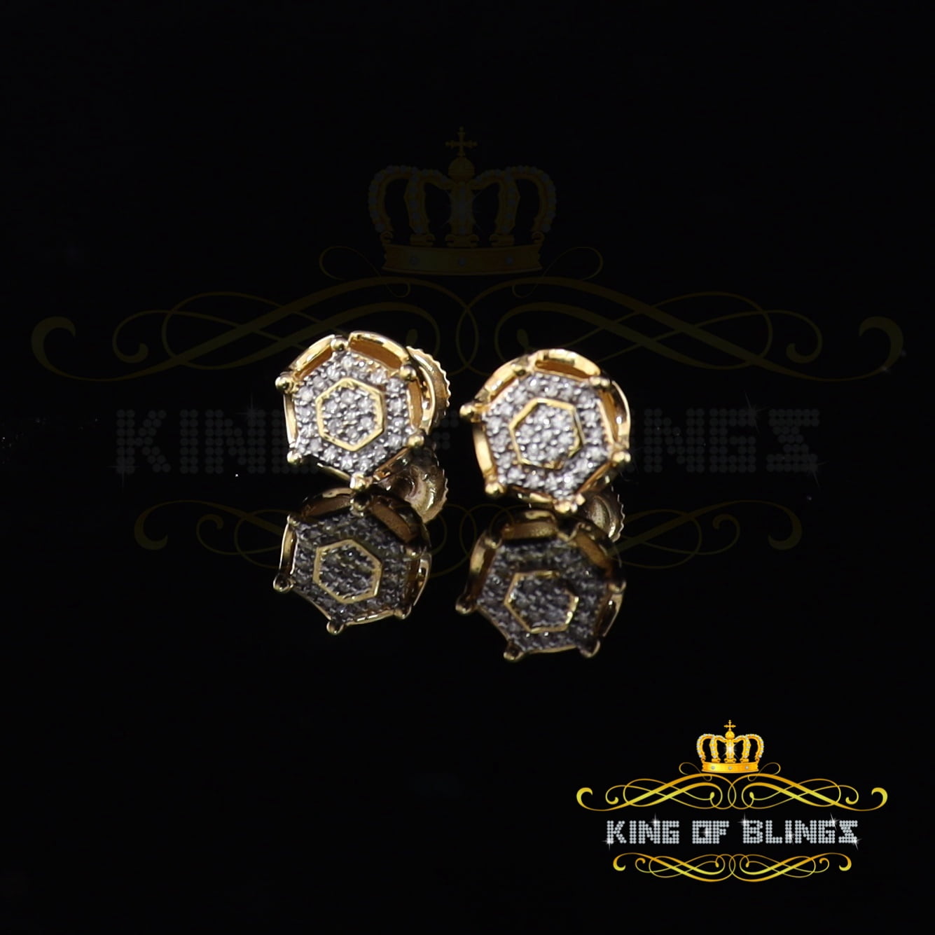 King of Bling's 10K Real Yellow Gold with 0.10 CT Real Diamond Men's/Women's Stud Round Earrings