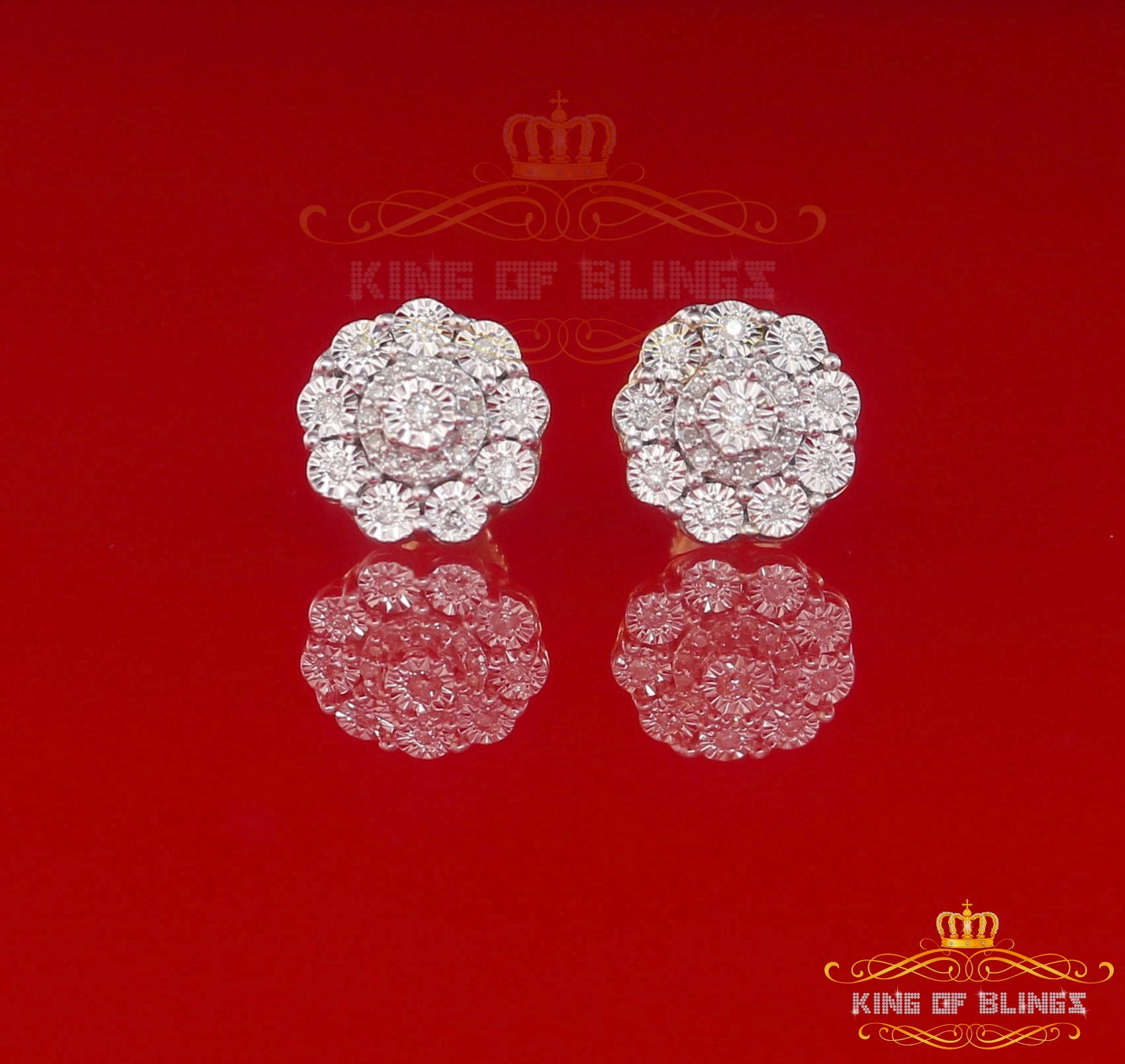 King of Bling's 10K Real Yellow Gold with 0.20CT Diamonds stud Floral Earrings For Women And Men