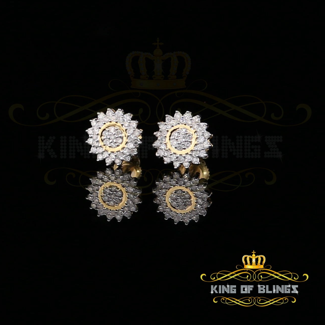 King of Bling's 10K Real Yellow Gold with 0.35CT Real Diamond Men's/Women's Stud Floral Earrings