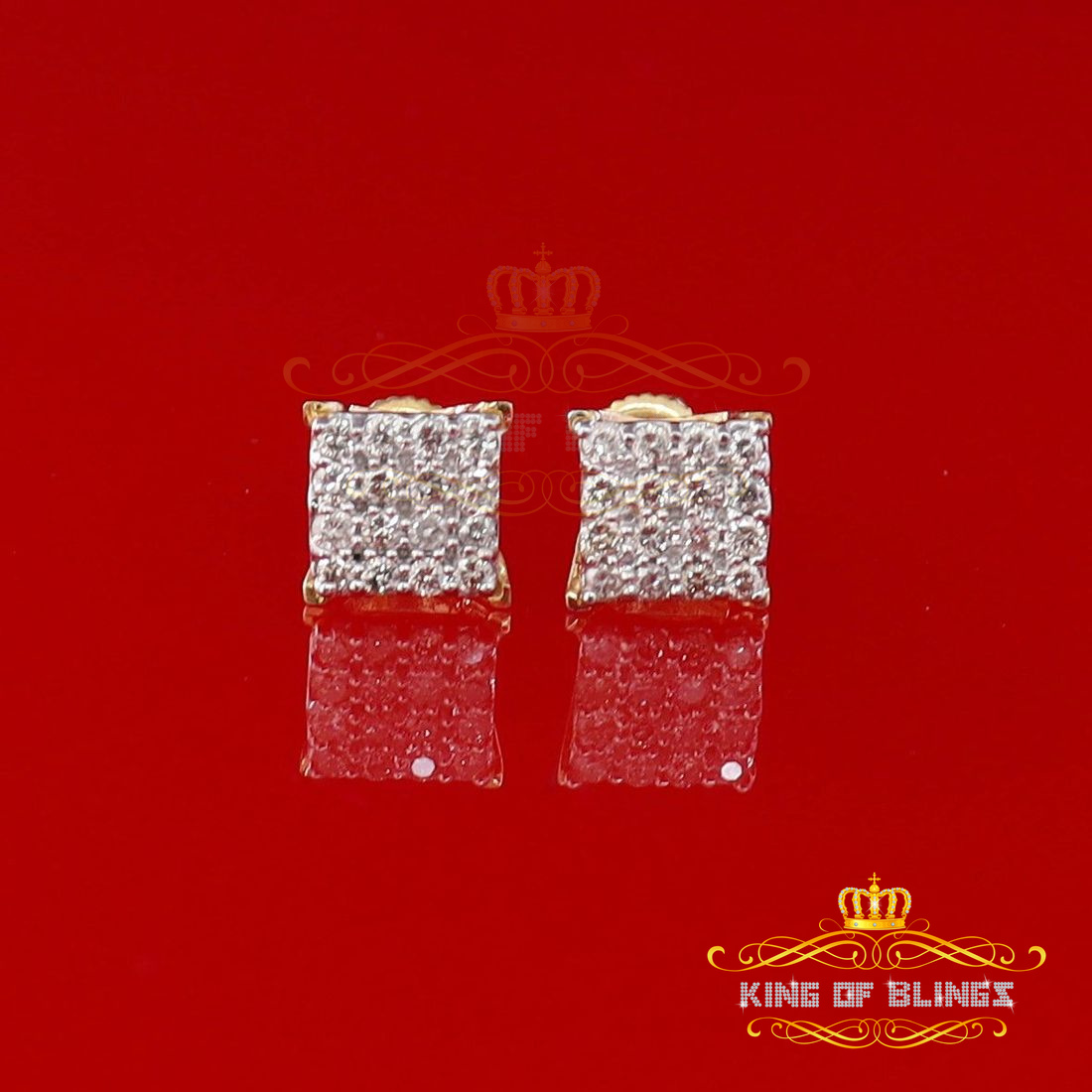 King of Bling's 10K Real Yellow Gold with 0.50 CT Diamond Square Stud Earring For Women And Men