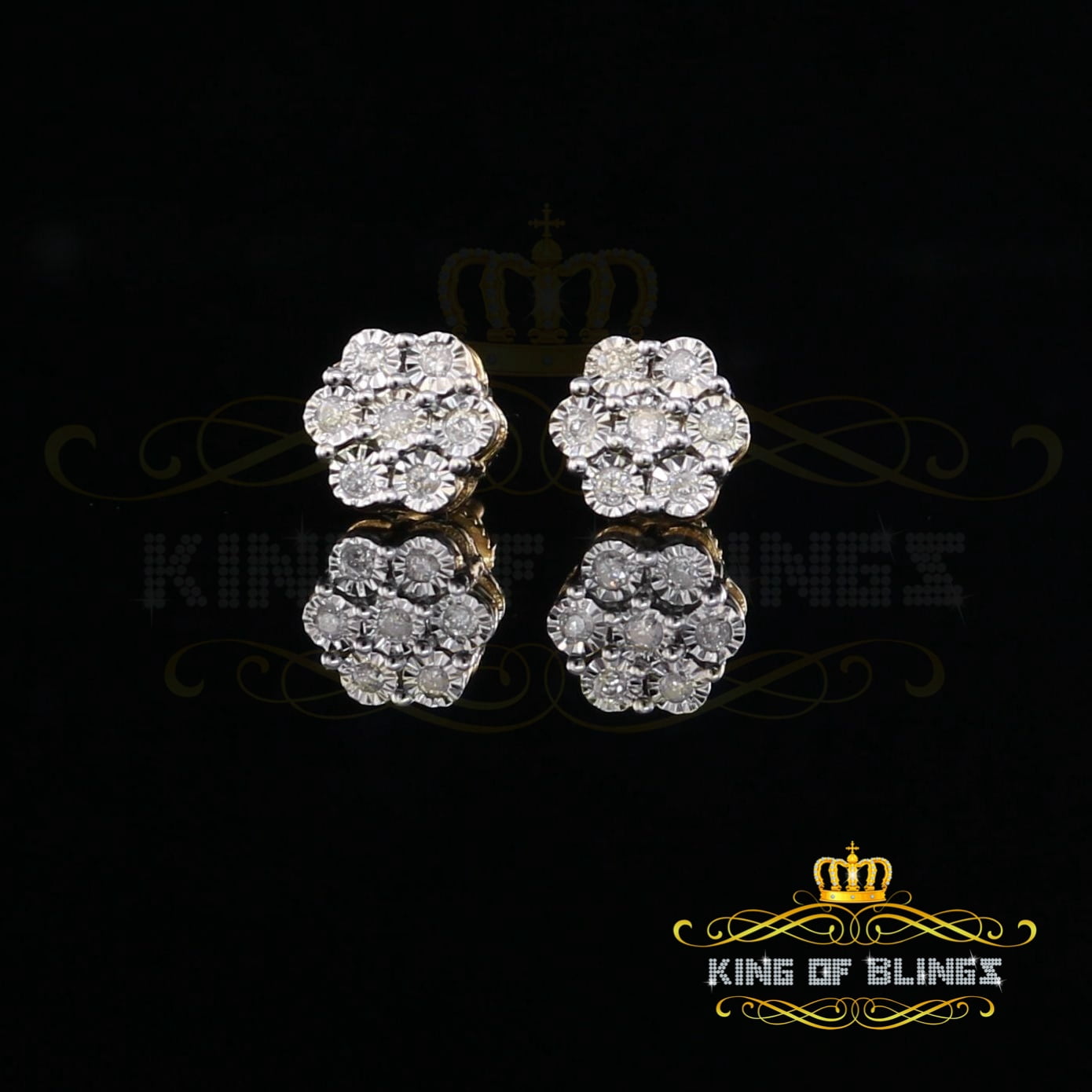 King of Bling's 10K Real Yellow Gold with Real 0.10CT Diamond Floral Men's/Women's Stud Earrings