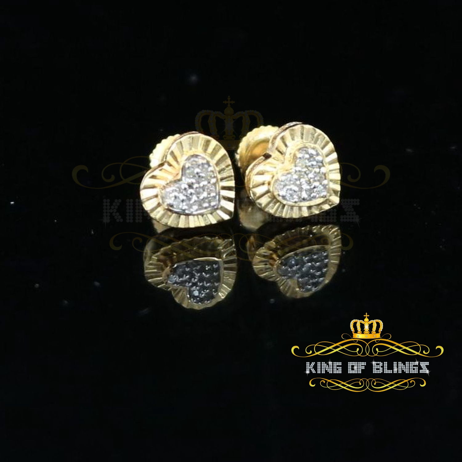 King of Bling's 10K Real Yellow Gold with Real 0.10ct Diamonds Men's /Womens Stud Heart Earrings