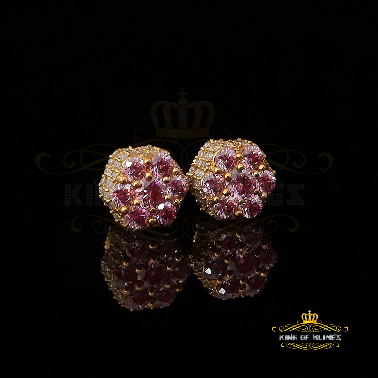 King of Bling's 2.00CT VVS D Pink Moissanite Men's/Women 925 Yellow Silver Floral Stud Earrings