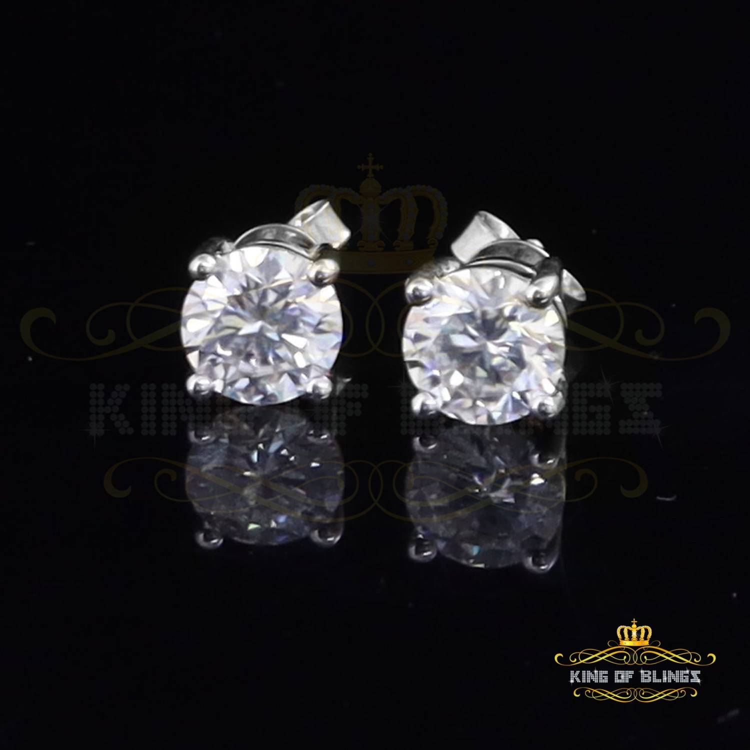 King of Bling's 3.00CT Round VVS 'D' Moissanite solitaire Sterling Silver Stud Earrings for Mens/Womens