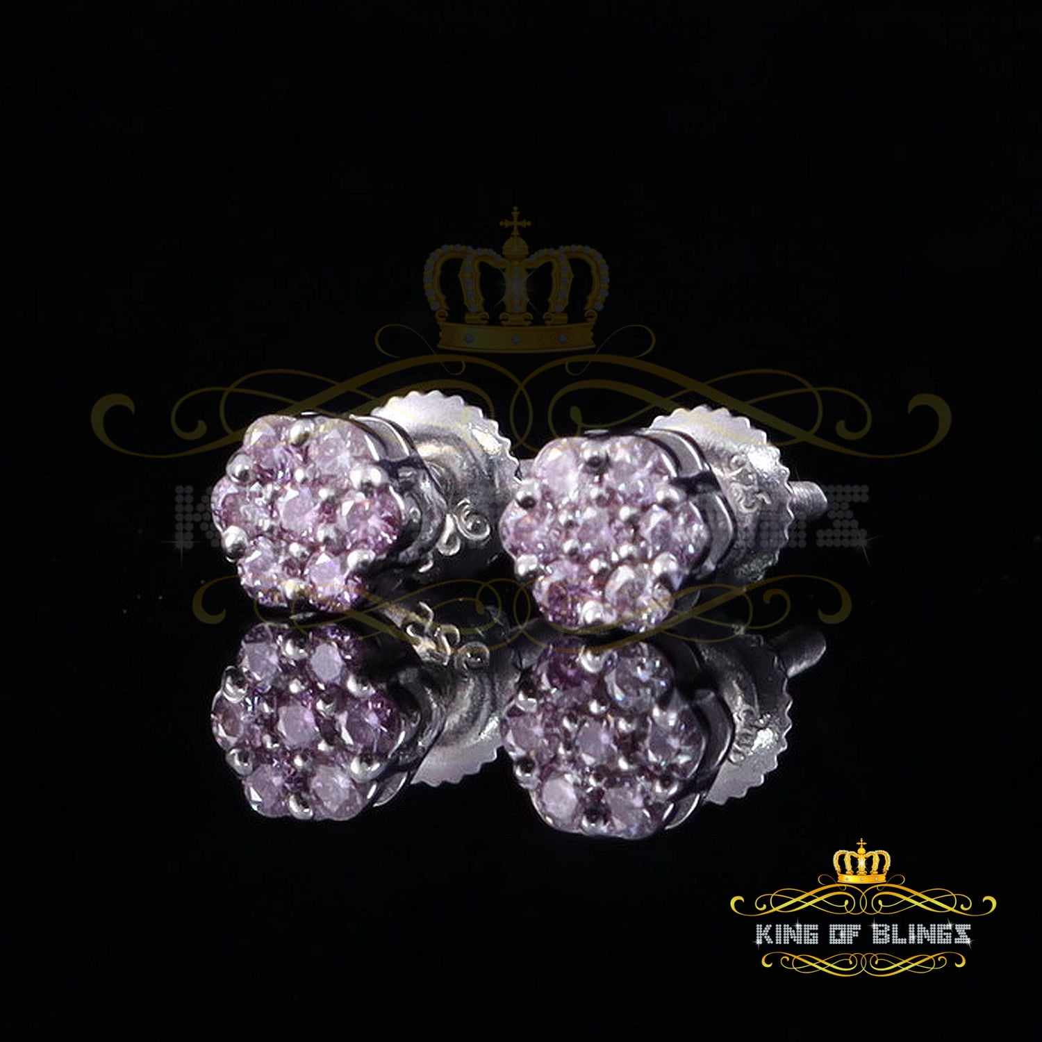 King of Bling's 925 Silver White 0.25ct VVS D Pink Moissanite Floral Men's/Women's Stud Earrings