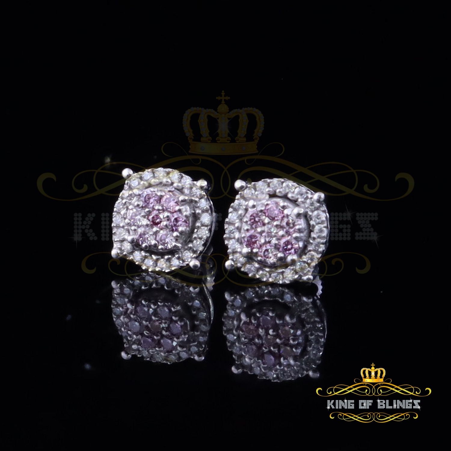 King of Bling's 925 Silver White 0.40ct VVS 'D' Pink Moissanite Round Mens/Women's Stud Earrings
