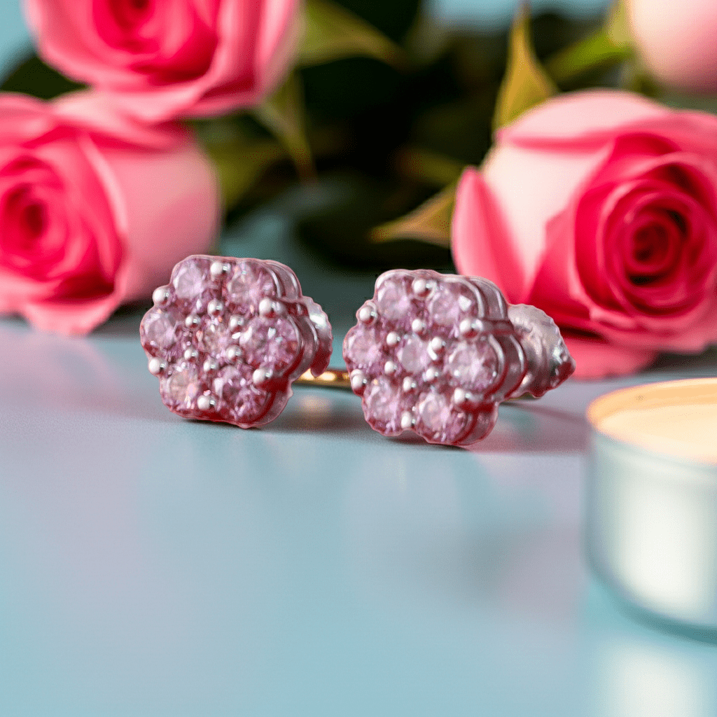 King of Bling's 925 Silver White 1.00ct VVS 'D' Pink Moissanite Floral Mens/Womens Stud Earrings