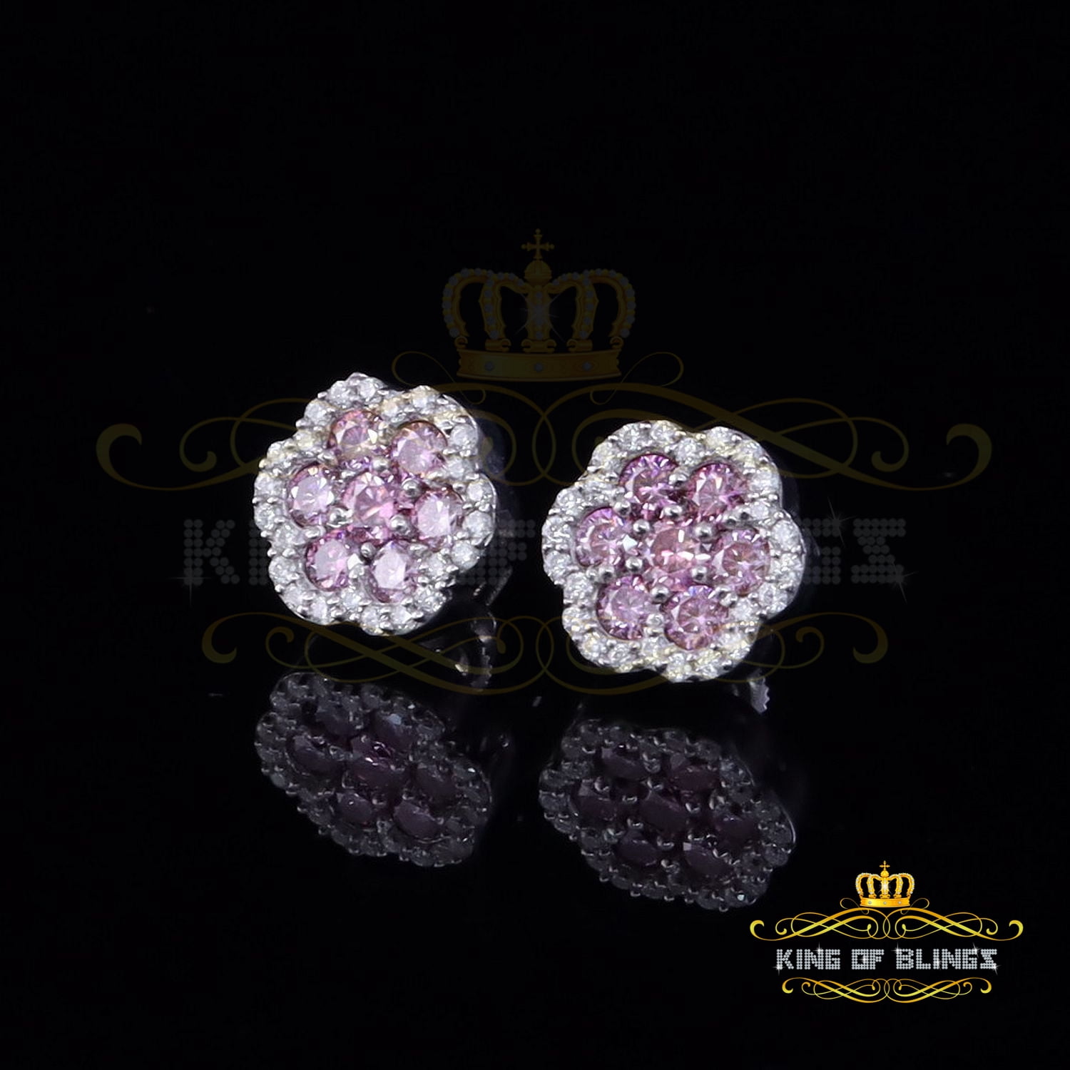 King of Bling's 925 Silver White 1.50ct VVS D Pink Moissanite Floral Men's/Women's Stud Earrings