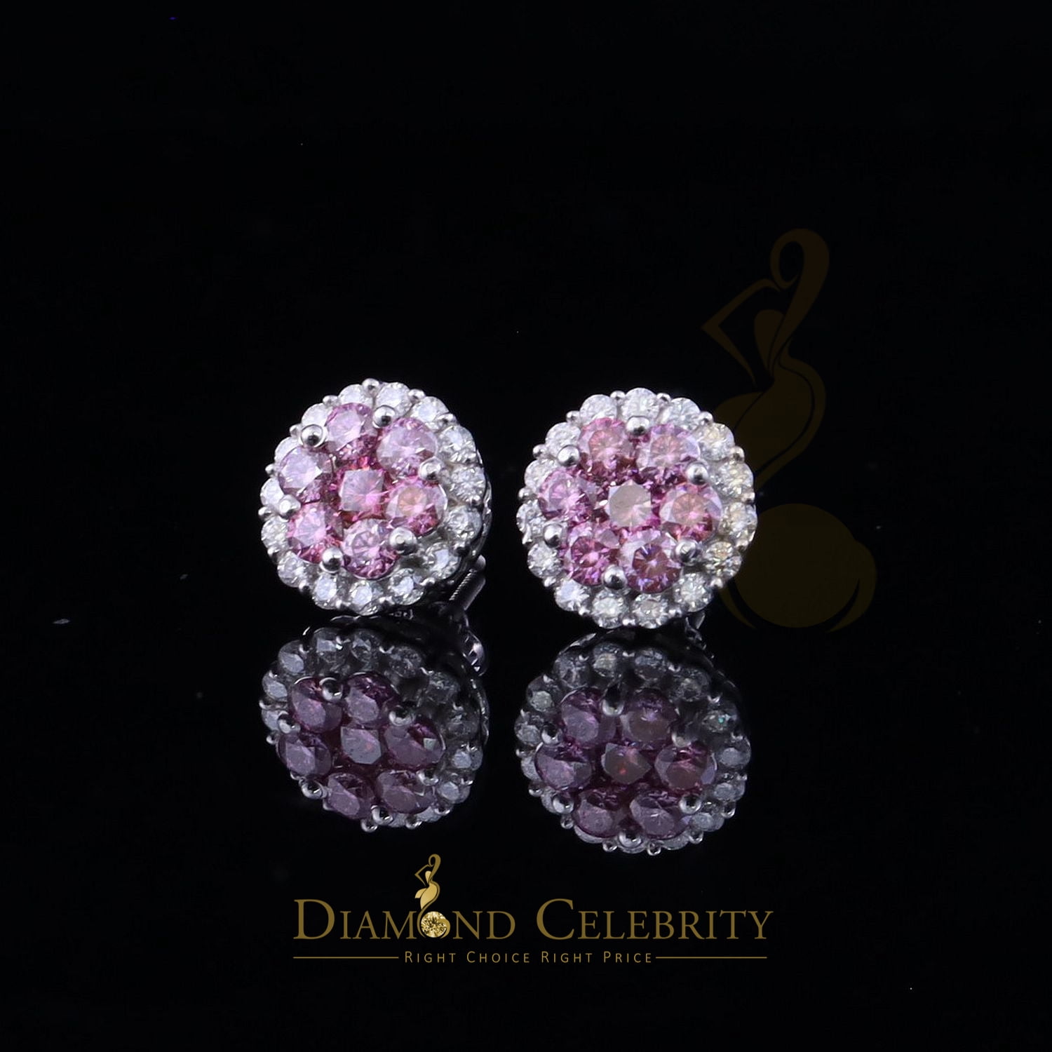 King of Bling's 925 Silver White 2.00ct VVS 'D' Pink Moissanite Round Mens/Women's Stud Earrings