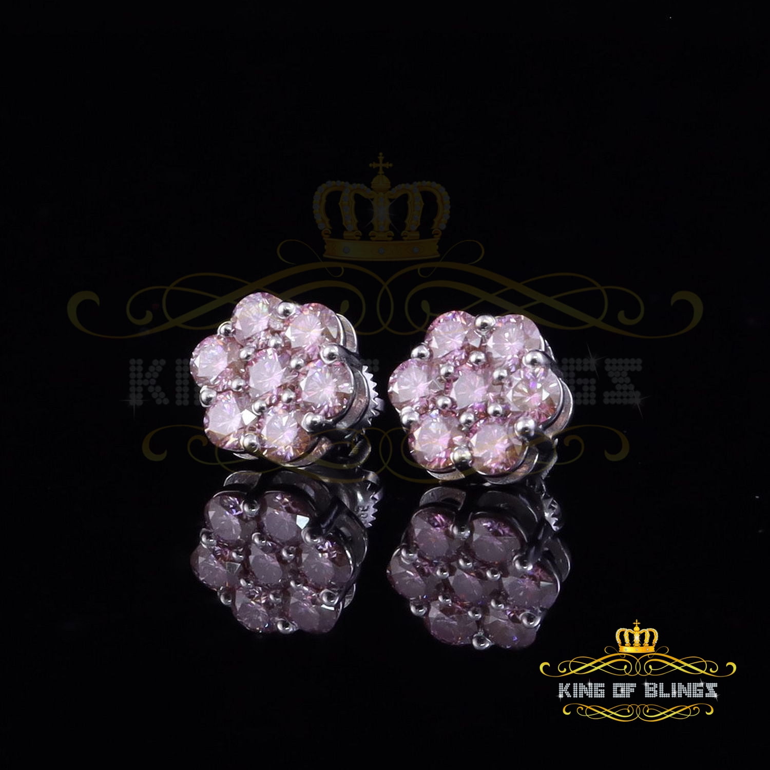 King of Bling's 925 Silver White 2.25ct VVS D Pink Moissanite Floral Men's/Women's Stud Earrings