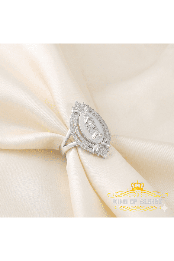 King of Bling's 925 Silver White CZ Stone Blessed Virgin Mary Miraculous Medal Women Ring SZ 7.5