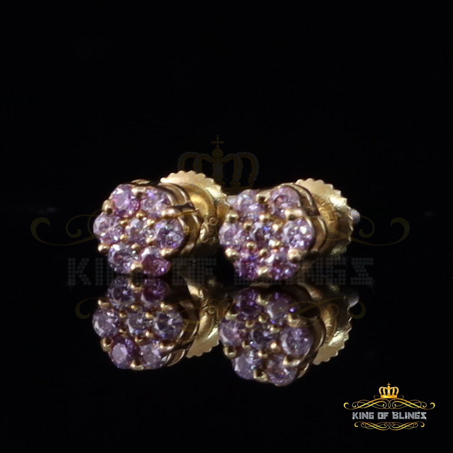 King of Bling's 925 Silver Yellow 0.25ct VVS D Pink Moissanite Floral Men's/Womens Stud Earrings