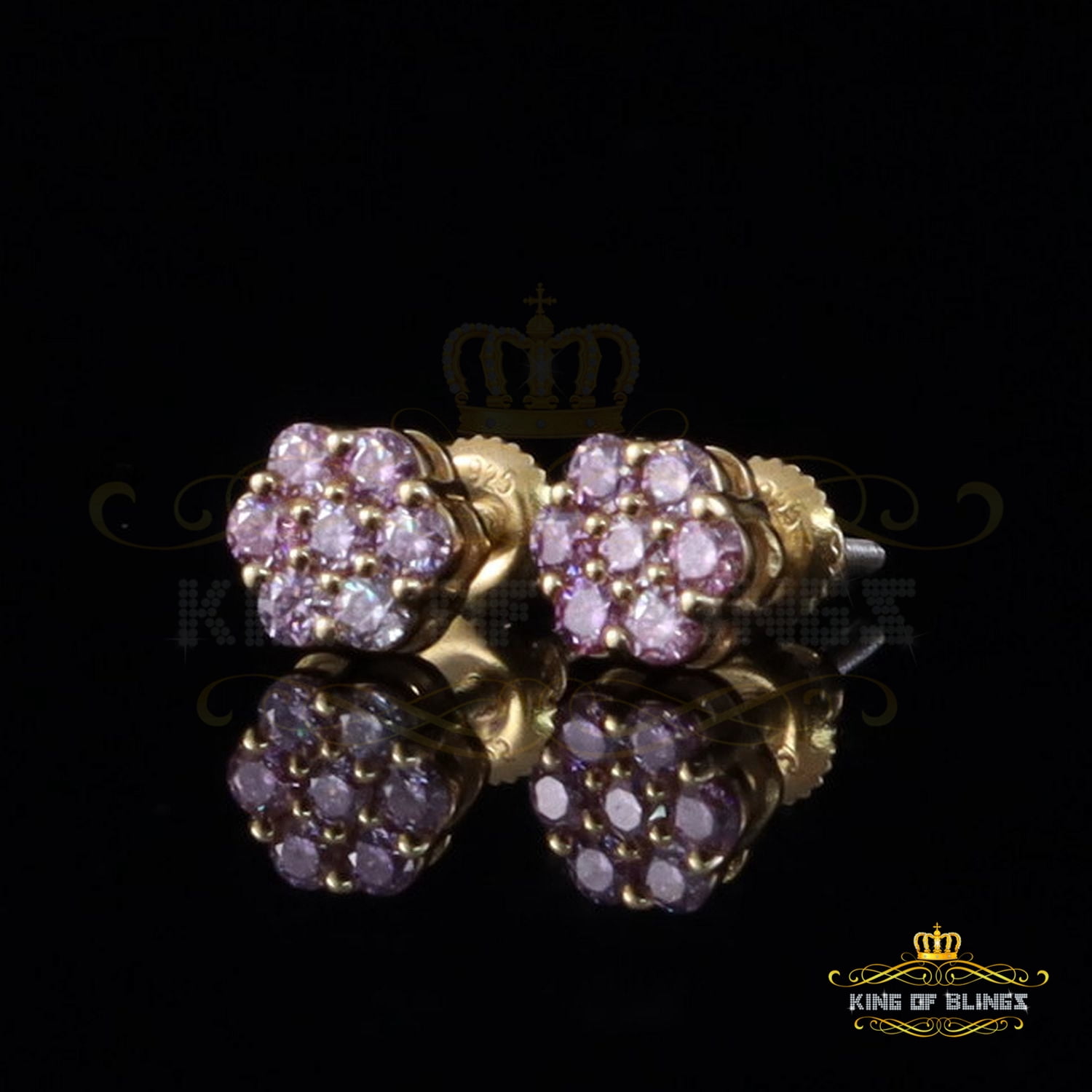 King of Bling's 925 Silver Yellow 0.50ct VVS D Pink Moissanite Mens /Women Floral Stud Earrings