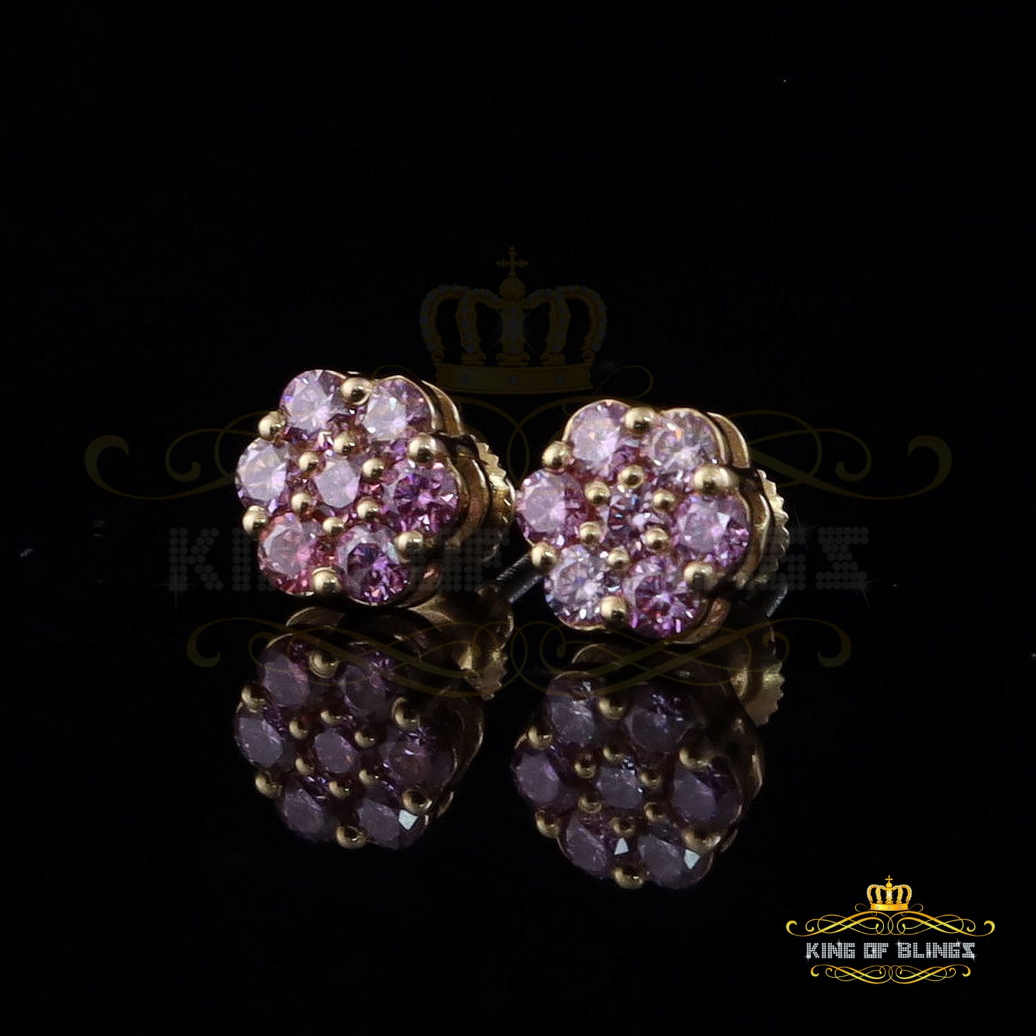 King of Bling's 925 Silver Yellow 1.00ct VVS D Pink Moissanite Floral Stud Earrings Mens/Women
