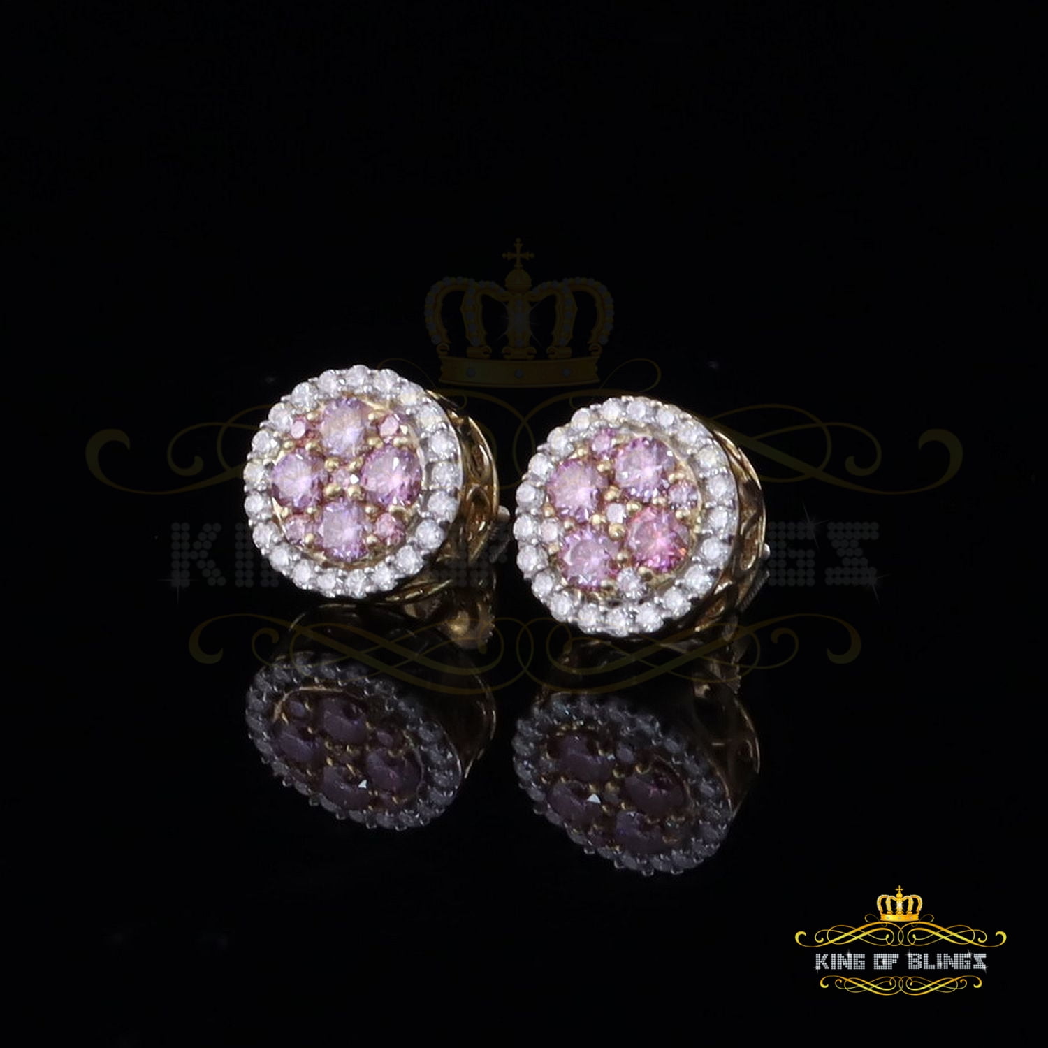 King of Bling's 925 Silver Yellow 1.00ct VVS D Pink Moissanite Round Men's/Women's Stud Earrings