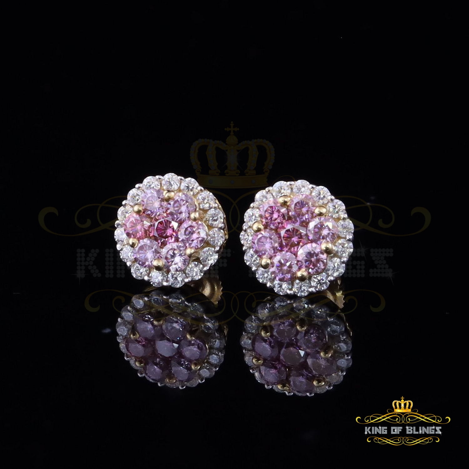 King of Bling's 925 Silver Yellow 1.33ct VVS D Pink Moissanite Round Men's/Women's Stud Earrings