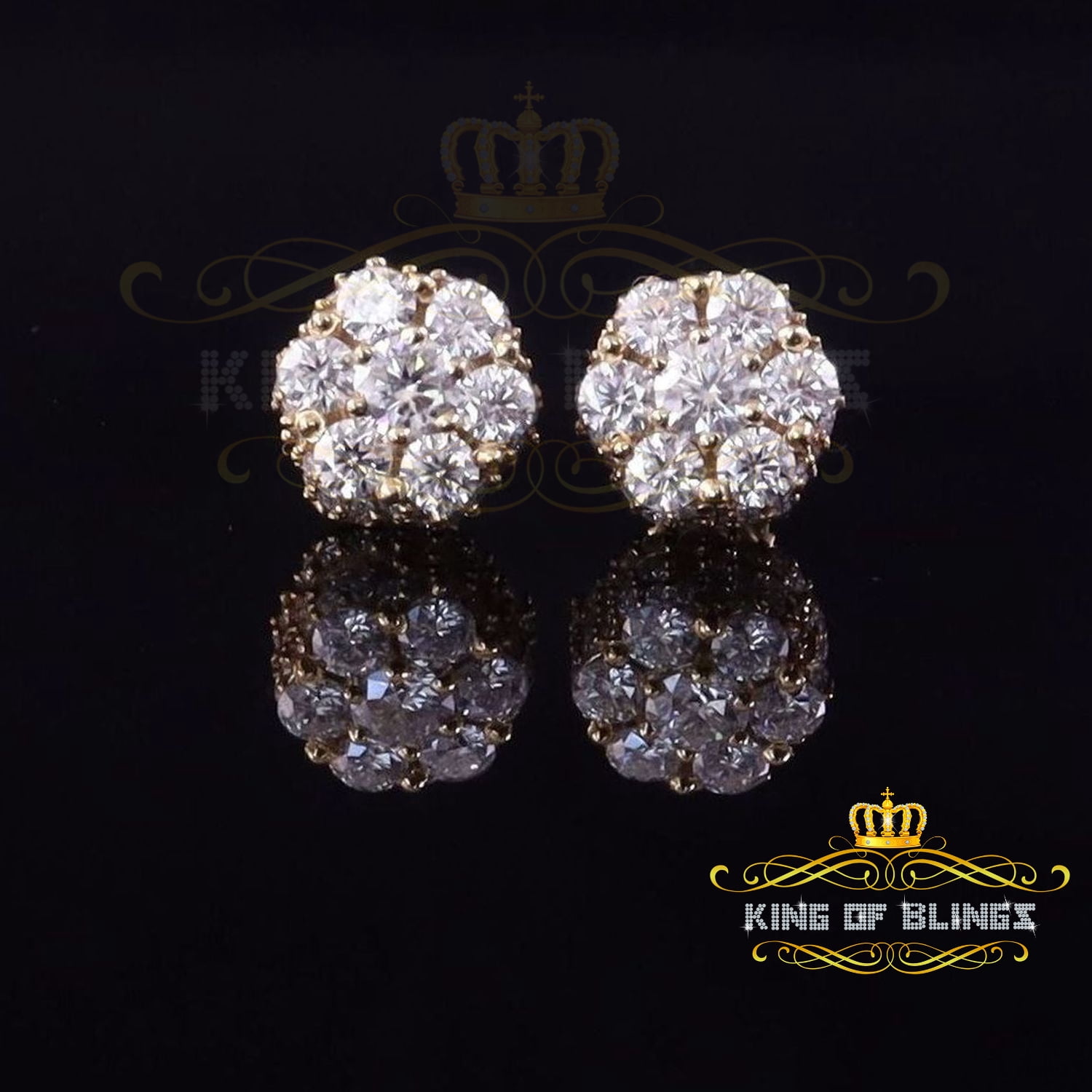 King of Bling's 925 Silver Yellow 1.50ct VVS 'D' Men's & Womens Moissanite Floral Stud Earrings