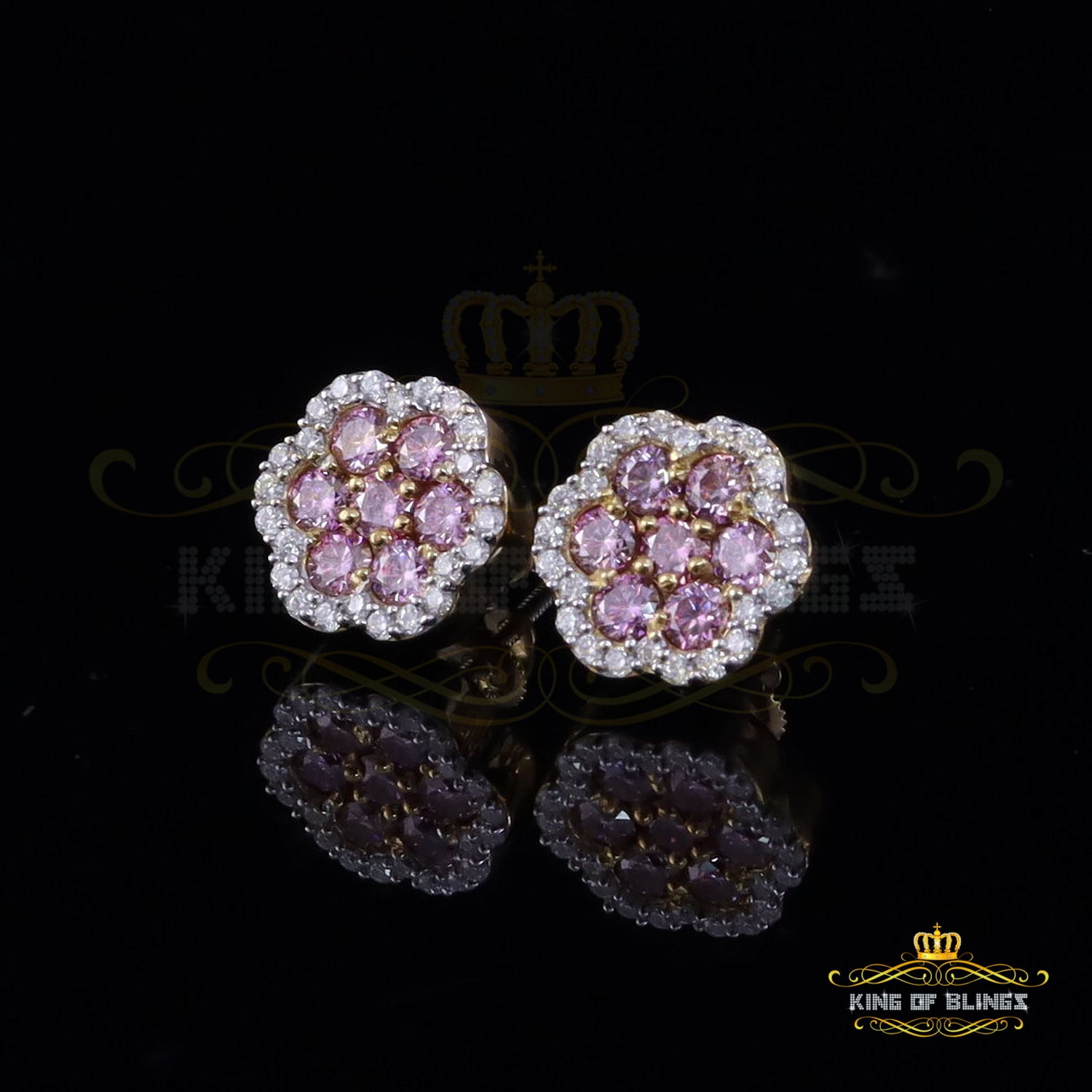 King of Bling's 925 Silver Yellow 1.50ct VVS D Pink Moissanite Floral Mens/Women's Stud Earrings