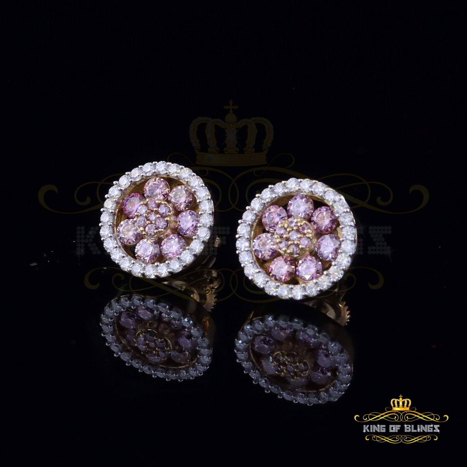 King of Bling's 925 Silver Yellow 1.50ct VVS D Pink Moissanite Round Men's/Women's Stud Earrings